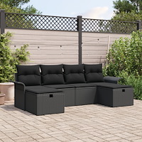 vidaXL Trädgårdsoffset med kudde med lagring 6 pcs Svart Poly rattan
