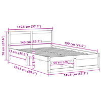 vidaXL Sängram Vit Massivt tallträ 140 x 190 cm Hållbar Sängram