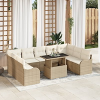 vidaXL 10-delars trädgårdsoffasett med kuddar, beige poly rotting, vidaXL 2-sits trädgårdsoffa med kuddar, beige poly rotting
