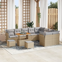 vidaXL 12-delat trädgårdsoffas med kuddar, beige poly rattan akacia, vidaXL 3-delat trädgårdsserveringsset med kuddar, beige po...