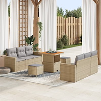 vidaXL 9-delars Trädgårdsoffaset med Kuddar Beige Poly Rattan Akacia, vidaXL 3-delars Trädgårds-matbord med Kuddar Beige Poly R...