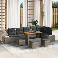 vidaXL 10-delat trädgårdsoffset med kuddar Grå Poly Rattan Akacia, vidaXL 2-sits trädgårdsoffa med kuddar Grå Poly Rattan, vida...