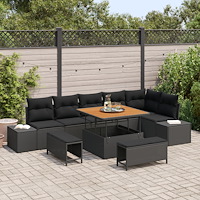 vidaXL 9-delad trädgårdsoffagrupp med kuddar Svart Poly Rattan Akacia, vidaXL 2-sits trädgårdsoffa med förvaring & kuddar Svart...