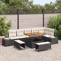 vidaXL 9-delars trädgårdssoffset med kuddar svart poly-rattan akacia, vidaXL 2-sits trädgårdssoffa med förvaring och kuddar sva...