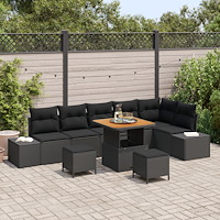 vidaXL 9-delat trädgårdsoffset med kuddar svart poly rattan akacia, vidaXL 2-sits trädgårdsoffa med förvaring & kuddar svart po...