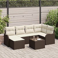 vidaXL Trädgårdsoffset med kudde 7 pcs Brun och vit Poly rattan