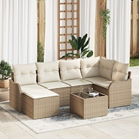 vidaXL Trädgårdsoffset med kudde 7 pcs Beige och vit Poly rattan