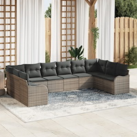 vidaXL Trädgårdsoffset med kudde 10 pcs Grå Poly rattan