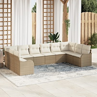 vidaXL Trädgårdsoffset med kudde 10 pcs Beige och vit Poly rattan