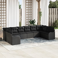 vidaXL Trädgårdsoffset med kudde 10 pcs Svart Poly rattan