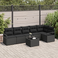 vidaXL Trädgårdsoffset 7 pcs Svart Poly Rattan, Pulverlackerat Stål