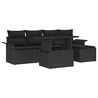vidaXL Trädgårdsoffset med kudde med lagring 6 pcs Svart Poly rattan