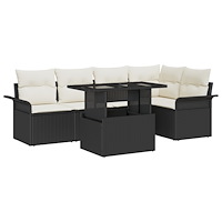 vidaXL Trädgårdsoffset med kudde med lagring 6 pcs Svart Poly rattan