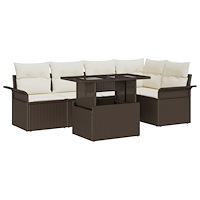 vidaXL Trädgårdsoffset med kudde med lagring 6 pcs Brun Poly rattan