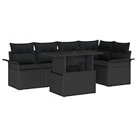 vidaXL Trädgårdsoffset med kudde med lagring 6 pcs Svart Poly rattan