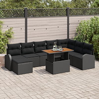 vidaXL 9-delat trädgårdsoffaset med kuddar svart poly rattan, vidaXL 2-sits trädgårdsoffa med förvaring & kuddar svart poly rat...