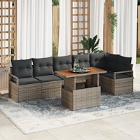 vidaXL 7-delad trädgårdsoffa set med kuddar grå poly rattan, vidaXL 2-sits trädgårdsoffa med förvaring & kuddar grå poly rattan
