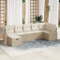 vidaXL 7-delars trädgårdsoffasett med kuddar i beige poly rattan