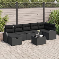vidaXL 8-delad trädgårdsoffaset med dynor i svart konstrotting, vidaXL 2-sits trädgårdsofa med förvaring och dynor i svart kons...