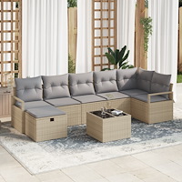 vidaXL 8-delat trädgårdssoffset med kuddar Beige Poly Rattan, vidaXL 2-sits trädgårdssoffa med förvaring & kuddar Beige Poly Ra...