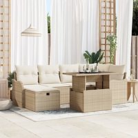 vidaXL 7-delars trädgårdsoffaset med kuddar beige poly rattan, vidaXL 2-sits trädgårdsoffa med förvaring & kuddar beige poly ra...