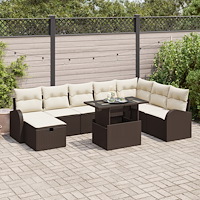vidaXL 9-delat trädgårdsoffset med kuddar Brun Poly Rattan, vidaXL 2-sits trädgårdsoffa med förvaring & kuddar Brun Poly Rattan