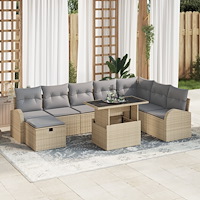 vidaXL 9-delad trädgårdssoffa set med kuddar Beige Poly Rottning, vidaXL 2-sits trädgårdssoffa med förvaring och kuddar Beige P...