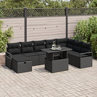 vidaXL 9-delat trädgårdsoffset med kuddar Svart poly rattan, vidaXL 2-sits trädgårdsoffa med förvaring & kuddar Svart poly ratt...
