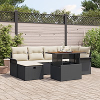 vidaXL 7-delars trädgårdsoff-set med kuddar svart poly rattan, vidaXL 2-sits trädgårdsoffa med förvaring & kuddar svart poly ra...