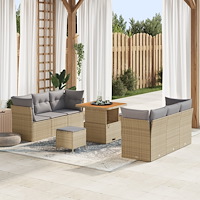 vidaXL 9-delad trädgårdsssoffa med kuddar Beige polyrotting akacia, vidaXL 3-delad trädgårdsserveringsset med kuddar Beige poly...