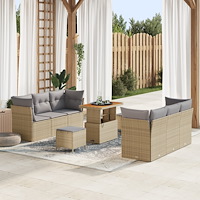 vidaXL 9-delad trädgårdsoffgrupp med kuddar Beige Poly Rattan Acacia, vidaXL 3-delad trädgårds matgrupp med kuddar Beige Poly R...