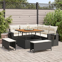 vidaXL 8-delad trädgårdsoff-set med kuddar svart poly rattan akacia, vidaXL 3-delad trädgårds matset med kuddar svart poly ratt...