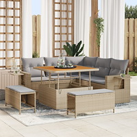 vidaXL 8-delat trädgårdsofa set med kuddar Beige Poly Rattan Akacia, vidaXL 3-delat trädgårdsdining set med kuddar Beige Poly R...