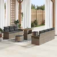 vidaXL 10-delat Trädgårdsoffset med Kuddar Grå Poly Rattan Akaciaträ, vidaXL 2-sits Trädgårdsoffa med Kuddar Grå Poly Rattan, v...