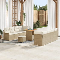 vidaXL 11 Delars Trädgårdsoff set med Kuddar Beige Poly Rottning Akacia, vidaXL 2-Sits Trädgårdsoffa med Kuddar Beige Poly Rott...