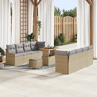 vidaXL 11 Delars Trädgårdsoffset Med Dynor Beige Poly Rattan Akacia, vidaXL 2-sits Trädgårdsoffa Med Dynor Beige Poly Rattan, v...