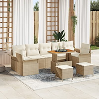 vidaXL 10-delat trädgårdsssoffset med kuddar Beige Poly Rottning Akacia, vidaXL 2-sits trädgårdsssoffa med kuddar Beige Poly Ro...