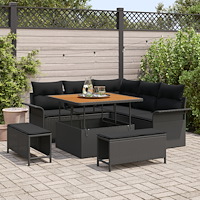 vidaXL 8-delars trädgårdsoff-set med kuddar, svart poly rattan akacia, vidaXL 2-sits trädgårdsoffa med kuddar, svart poly ratta...