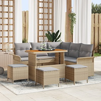 vidaXL 9-delat trädgårdsofaset med kuddar Beige Poly Rattan Akacia, vidaXL 2-sits trädgårdsoffa med kuddar Beige Poly Rattan, v...