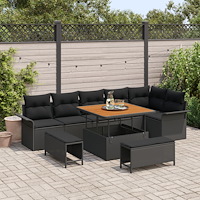 vidaXL 9-delad trädgårdssoffset med kuddar svart poly rattan akacia, vidaXL 2-sits trädgårdssoffa med kuddar svart poly rattan,...