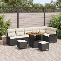 vidaXL 9 Delars Trädgårdsoff set med Kuddar Svart Poly Rattan Acacia, vidaXL 2-sits Trädgårdsoffa med Kuddar Svart Poly Rattan,...