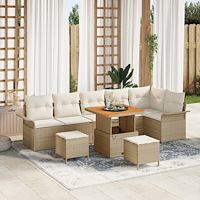 vidaXL 9-delat Trädgårdsoff set med Kuddar Beige Poly Rattan Akacia, vidaXL 2-sits Trädgårdsoffa med Kuddar Beige Poly Rattan,...