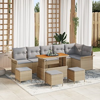 vidaXL 10-delat trädgårdsoffaset med kuddar beige poly rattan akacia, vidaXL 2-sits trädgårdsoffa med kuddar beige poly rattan,...