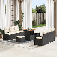 vidaXL 9 Delars Trädgårdsoffaset med Kuddar Svart Poly Rattan Akacia, vidaXL 2-Sits Trädgårdsoffa med Kuddar Svart Poly Rattan,...