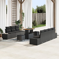 vidaXL 10-delars trädgårdsoffaset med dynor i svart poly rattan, vidaXL 2-sits trädgårdsoffa med dynor i svart poly rattan, vid...