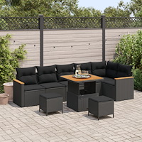 vidaXL 9 Delad Trädgårdsofa Set med Kuddar Svart Poly Rattan Akacia, vidaXL 3 Delad Trädgårdsmatset med Kuddar Svart Poly Ratta...