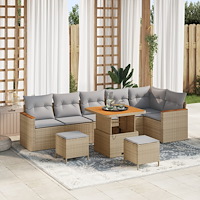 vidaXL 9-delars trädgårdsoffasett med kuddar beige poly rattan akacia, vidaXL 3-delars trädgårdsdining set med kuddar beige pol...