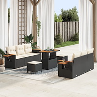 vidaXL 9 Delars Trädgårdsoff Set med Kuddar Svart Poly Rattan Akacia, vidaXL 3 Delars Trädgårdsmatmöbel Set med Kuddar Svart Po...