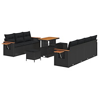 vidaXL 10-delad trädgårdsofa set med kuddar svart poly rattan akacia