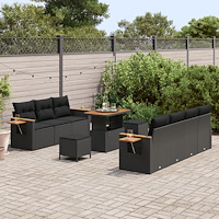 vidaXL 10-delad trädgårdsofa set med kuddar svart poly rattan akacia